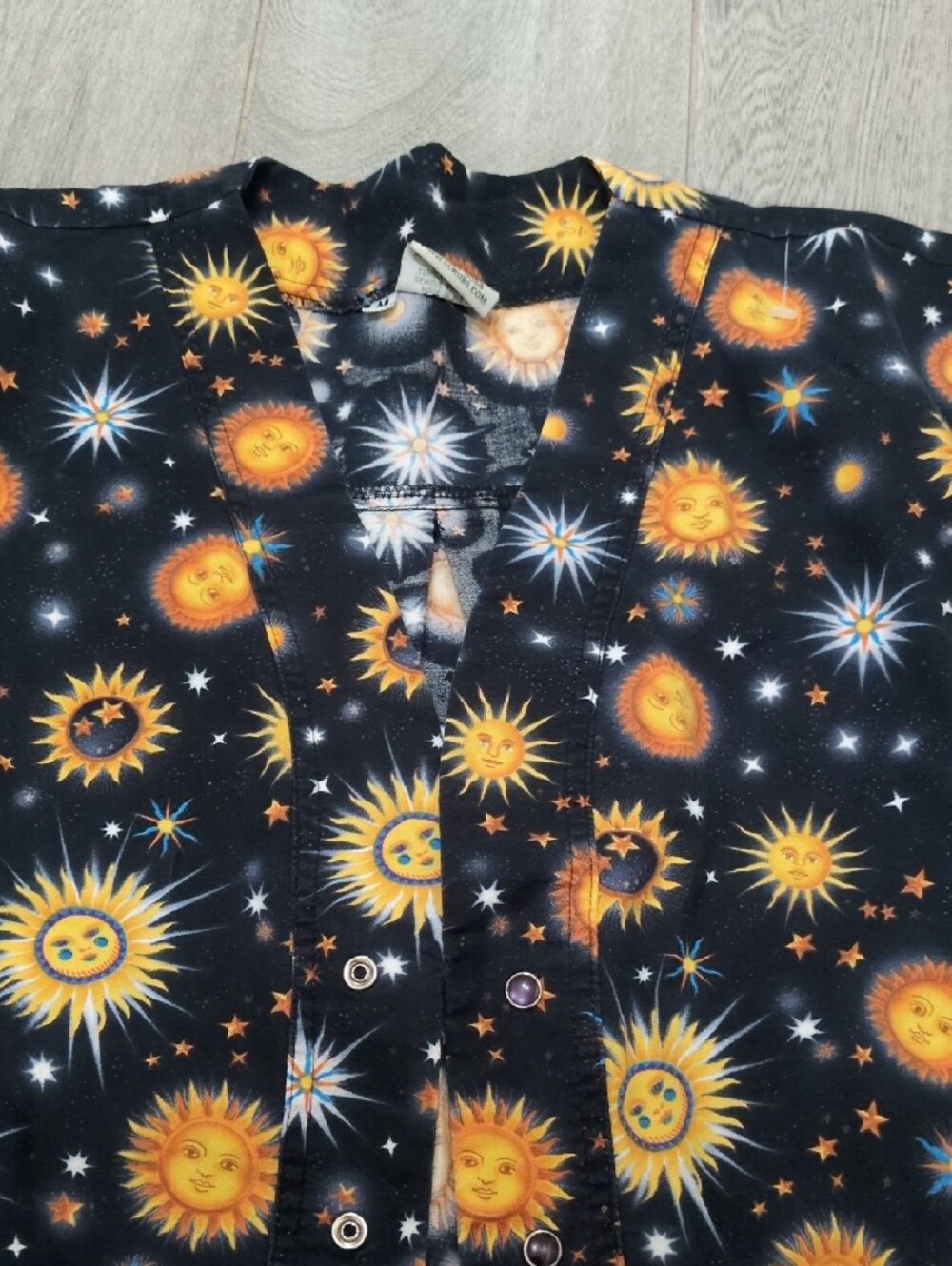 Nurse Scrub Short Sleeve Jacket  Sun & Stars Button-Up Shirt - Black/Yellow - Picture 4 of 7